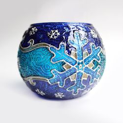 Blue Mosaic Glass Candle Holder With Snowflakes Christmas Decorations