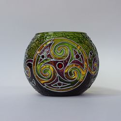Hand Painted Glass Votive Holder With Celtic Spirals