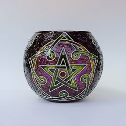 Celtic Star Pentacle Hand-Painted Glass Votive Holder Centerpiece