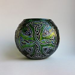 Celtic Styled Green Handcrafted Glass Candle Holder With Celtic Cross Knot