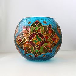 Blue Mosaic Handcrafted Colorful Glass Candle Holder With Red Flower