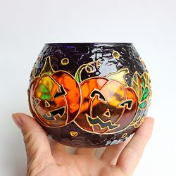 Halloween Hand Painted Glass Candle Holder With Orange Pumpkins