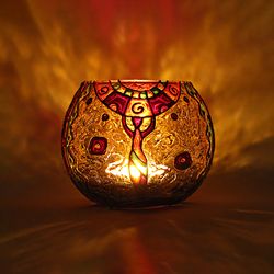 African Style Mosaic Glass Candle Holder Abstract Candle Holder With African Woman And Sun
