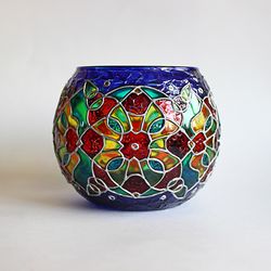 Deep Blue Kaleidoscope Mosaic Glass Candle Holder