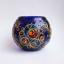 Blue Hand Painted Glass Candle Holder With Bubbles And Circles Van Goghs Style