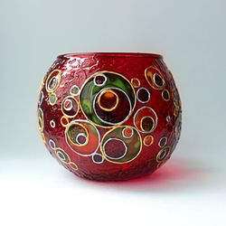 Red Handcrafted Glass Candle Holder With Bubbles And Circles Van Goghs Style