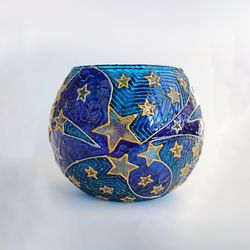 Artisan Designed Glass Glitter Candle Holder With Stars and Meteors On Blue Sky