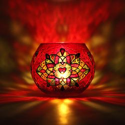 Bright Red Artisan Mosaic Glass Candle Holder with Hearts