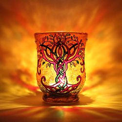 Amber-Yellow Celtic Tree of Life Hand-Painted Glass Candle Holder