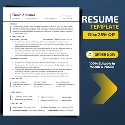 Single page minimalist resume template, a matching cover template for your dream job, instant download resume template