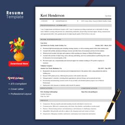 Professional Resume Template for Caregivers, Modern minimalist resume template for care givers, plus cover letter