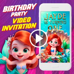 Baby little mermaid movie Birthday Party Video Invitation, mermaid Animated Invite Video, Ariel Digital Custom Invite