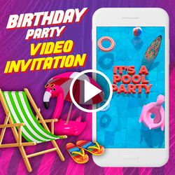 Pool Party Birthday Video Invitation, Pool Party Animated Invite Video, Swimming Party Digital Custom evite, Pool Party