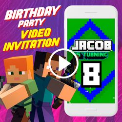 Mine Game Birthday Party Video Invitation, Minecraft Animated Invite, Mine Game Digital Custom Invite, Minecraft