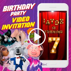 Sing Birthday Party Video Invitation, Sing Movie Animated Invite Video, Sing 2 Digital Custom Invite