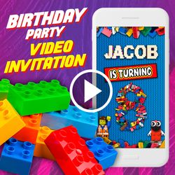 Brick Lego Birthday Party Video Invitation, Building Blocks Animated Invite Video, Building Brick Birthday Custom Invite