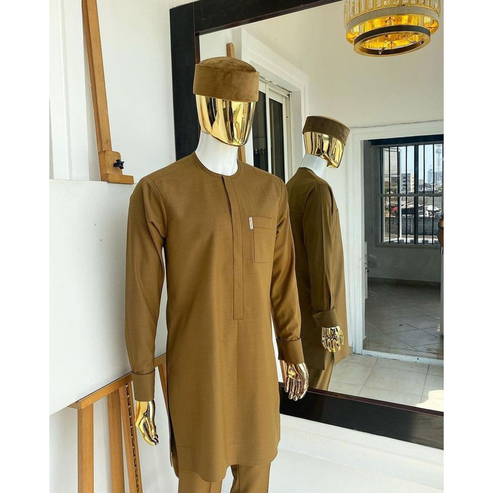 Brown African Men Clothing 2pics Men Sets Cotton Fabric Different Sizes And Colors Men Wesrs Wedding Suit 0