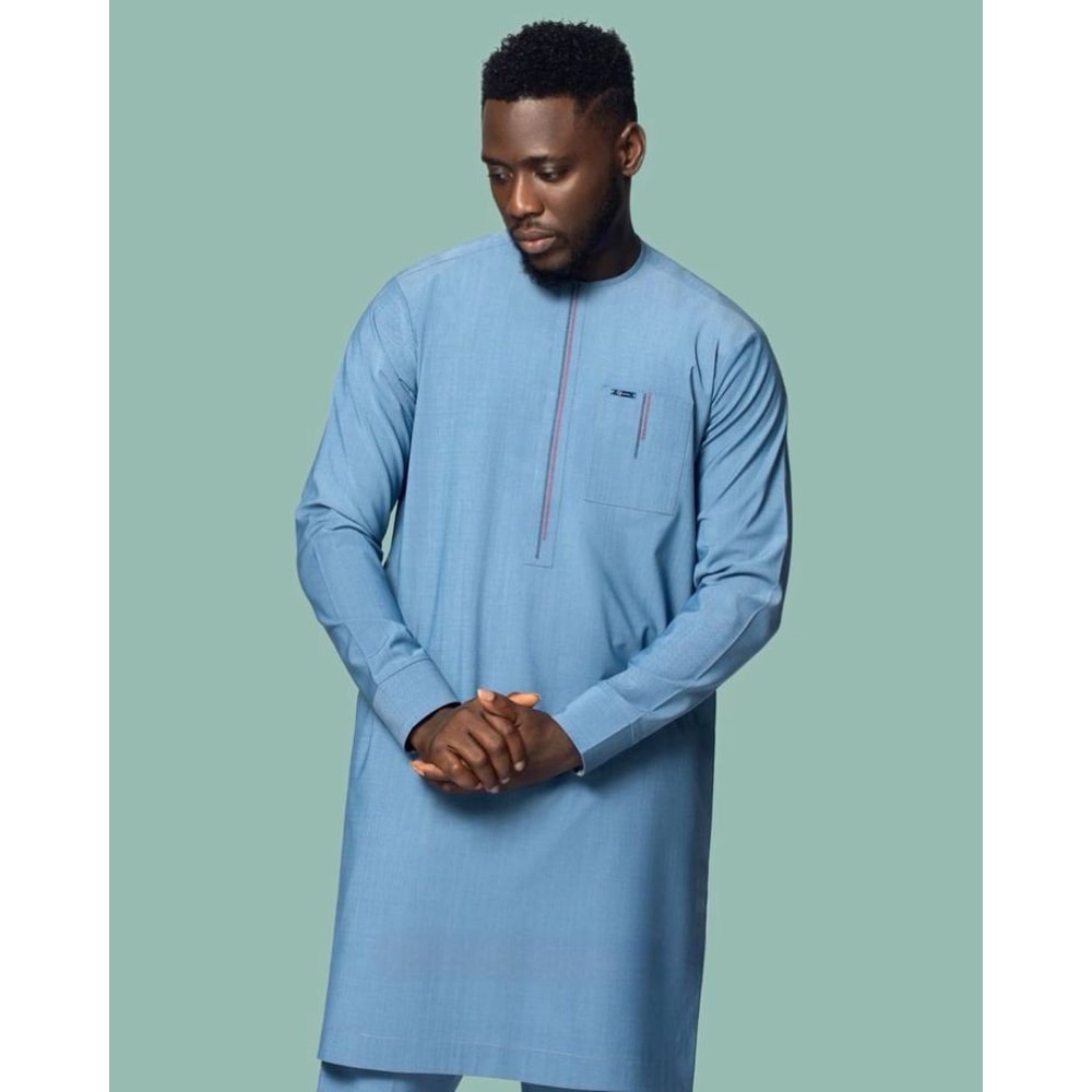 Sky Blue African Men Clothing 2pics Men Sets Cotton Fabric Different Sizes And Colors Men Wesrs Wedding Suit 0