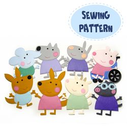 PDF pattern to sew 8 characters Peppa Pig friends from felt