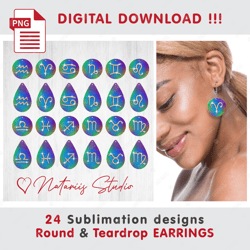 24 Precious Gold and Diamonds ZODIAC Signs - Round & Teardrop EARRINGS - Sublimation Waterslade Pattern - PNG Files