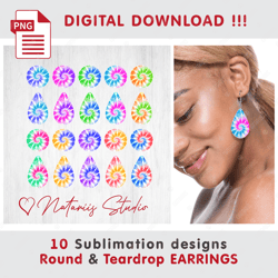10 TIE DYE Round & Teardrop EARRINGS - Sublimation Waterslade Pattern - PNG Files - Digital Download