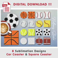8 Sport Ball Templates - Car Coaster Designs - Sublimation Waterslade Patterns - PNG files - Digital Download
