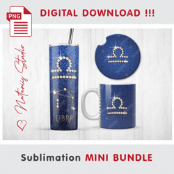 LIBRA Diamond Zodiac Sign Mini BUNDLE - Sublimation - 20 oz Tumbler - 11 oz - 15 oz Mug - Car Coaster