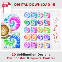 10 TIE DYE Templates - Car Coaster Design - Sublimation Waterslade Pattern - Digital Download - PNG Files