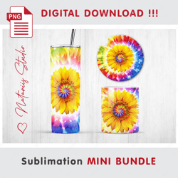 Sunflower TIE DYE Mini BUNDLE - Sublimation Templates - 20 oz Tumbler - 11 oz - 15 oz Mug - Car Coaster