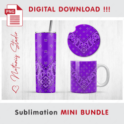 Purple PAISLEY BANDANA Mini BUNDLE - Sublimation Templates - 20 oz Tumbler - 11 oz - 15 oz Mug - Car Coaster