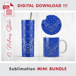 Blue PAISLEY BANDANA Mini BUNDLE - Sublimation Templates - 20 oz Tumbler - 11 oz - 15 oz Mug - Car Coaster