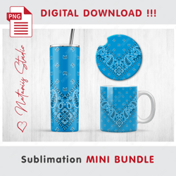 Light Blue PAISLEY BANDANA Mini BUNDLE - Sublimation Templates - 20 oz Tumbler - 11 oz - 15 oz Mug - Car Coaster