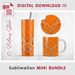 Orange PAISLEY BANDANA Mini BUNDLE - Sublimation Templates - 20 oz Tumbler - 11 oz - 15 oz Mug - Car Coaster