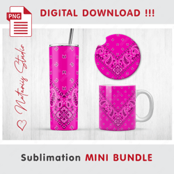 Pink PAISLEY BANDANA Mini BUNDLE - Sublimation Templates - 20 oz Tumbler - 11 oz - 15 oz Mug - Car Coaster
