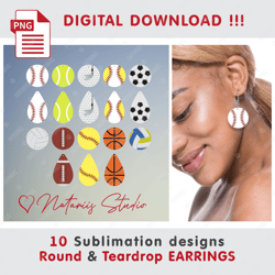 10 Sport Round & Teardrop EARRINGS - Sublimation Waterslade Patterns - PNG Files - Digital Download