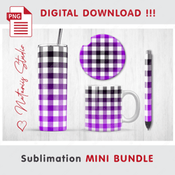Purple Buffalo Plaid Mini BUNDLE - Sublimation designs - 20 oz Tumbler - 11 oz-15 oz Mug - Epoxy Pen - Car Coaster