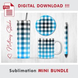 Light Blue Buffalo Plaid Mini BUNDLE - Sublimation designs - 20 oz Tumbler - 11 oz-15 oz Mug - Epoxy Pen - Car Coaster