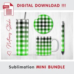 Green Buffalo Plaid Mini BUNDLE - Sublimation designs - 20 oz Tumbler - 11 oz-15 oz Mug - Epoxy Pen - Car Coaster