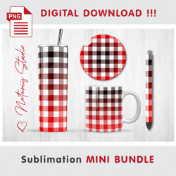 Red Buffalo Plaid Mini BUNDLE - Sublimation designs - 20 oz Tumbler - 11 oz-15 oz Mug - Epoxy Pen - Car Coaster