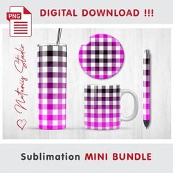 Pink Buffalo Plaid Mini BUNDLE - Sublimation designs - 20 oz Tumbler - 11 oz-15 oz Mug - Epoxy Pen - Car Coaster