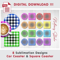 8 Buffalo Plaid Templates - Car Coaster Design - Sublimation Waterslade Pattern - Digital Download - PNG Files