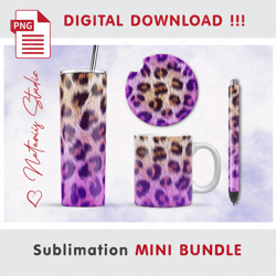 Purple Leopard Print Mini BUNDLE - Sublimation designs - 20 oz Tumbler - 11 oz-15 oz Mug - Epoxy Pen - Car Coaster