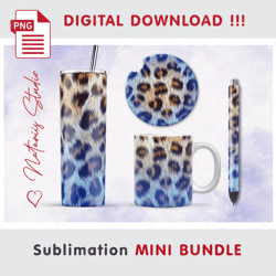 Blue Leopard Print Mini BUNDLE - Sublimation designs - 20 oz Tumbler - 11 oz-15 oz Mug - Epoxy Pen - Car Coaster