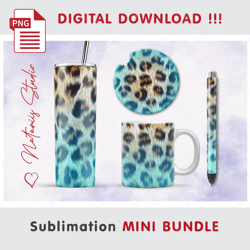 Light Blue Leopard Print Mini BUNDLE - Sublimation designs - 20 oz Tumbler - 11 oz-15 oz Mug - Epoxy Pen - Car Coaster