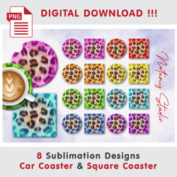 8 Leopard Print Templates - Car Coaster Design - Sublimation Waterslade Pattern - Digital Download - PNG Files