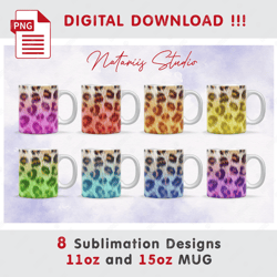 8 Rainbow Leopard Print Patterns - 11 oz 15 oz MUG - Sublimation Mug Wrap.
