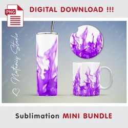Purple Realistic Fire on white Mini BUNDLE - Sublimation designs - 20 oz Tumbler - 11 oz-15 oz Mug - Car Coaster
