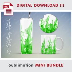 Green Realistic Fire on white Mini BUNDLE - Sublimation designs - 20 oz Tumbler - 11 oz-15 oz Mug - Car Coaster