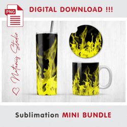 Yellow Realistic Fire on black Mini BUNDLE - Sublimation designs - 20 oz Tumbler - 11 oz-15 oz Mug - Car Coaster