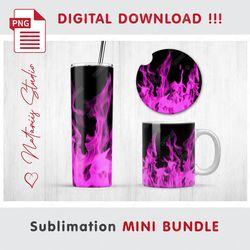 Pink Realistic Fire on black Mini BUNDLE - Sublimation designs - 20 oz Tumbler - 11 oz-15 oz Mug - Car Coaster